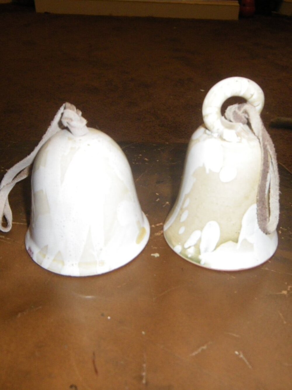 2 Vintage Handmade Clay Wear Glazed Pottery Bells w/ Leather Straps